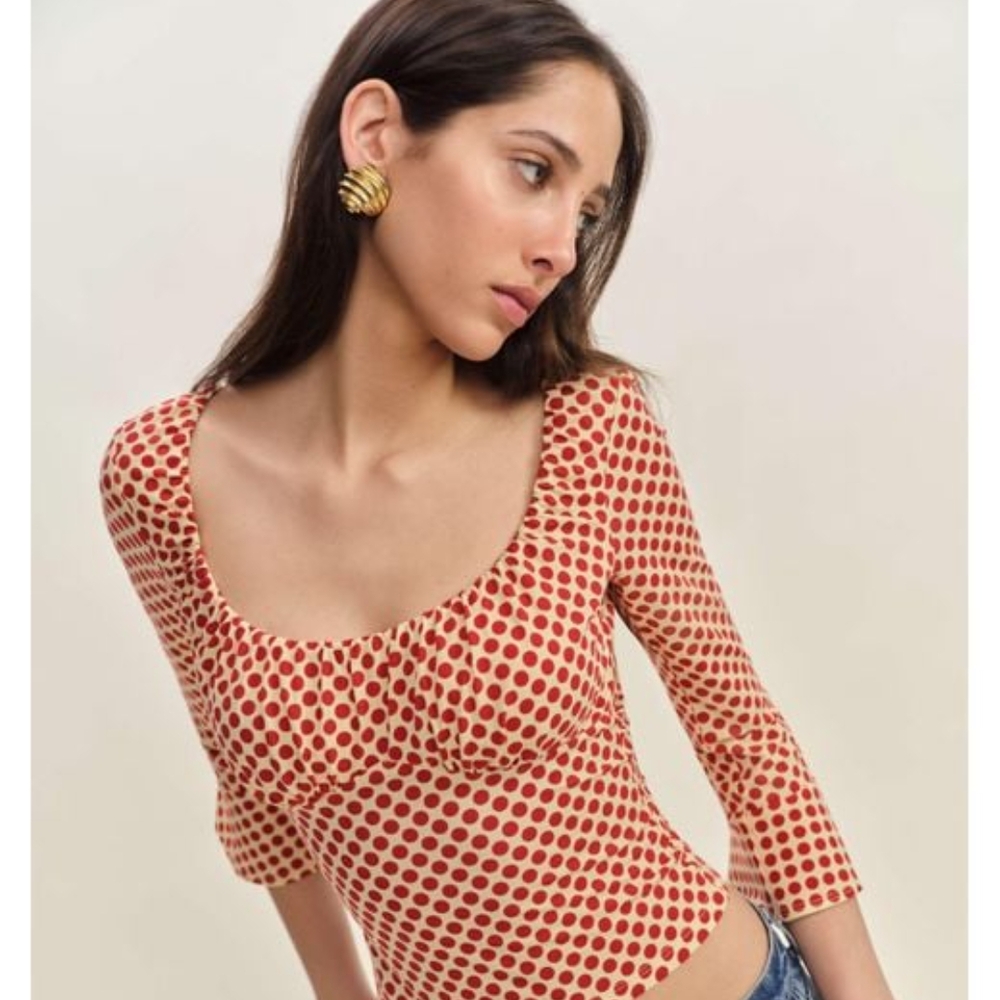 Reformation Red and Cream Polka Dot Long Sleeve Top